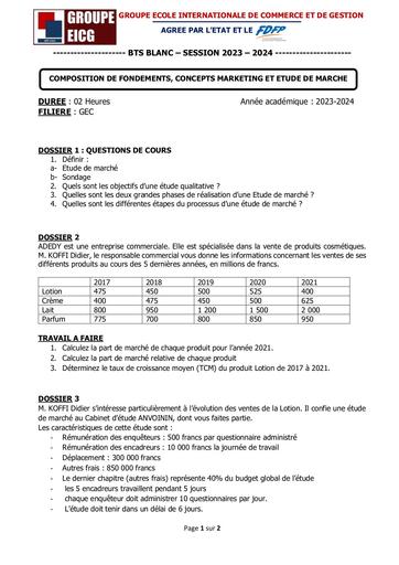 COMPOSITION DE FONDEMENTS, CONCEPTS MARKETING ET ETUDE DE MARCHE - SUJET GEC FCM By Ludov Ta'n