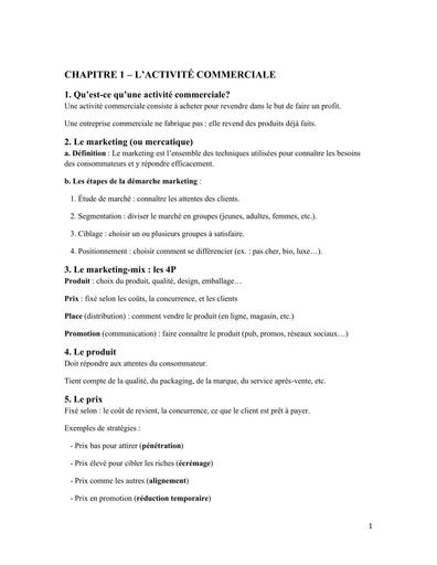 COURS BTS Chapitre 1 Activite Commerciale Simplifie BY TEHUA