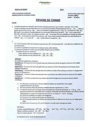 Sujet de Physique-Chimie Niveau Première D Lycée Classique Abidjan 2022
