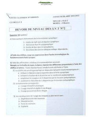 Sujet de SVT Terminale D Lycée Classique Abidjan 2022