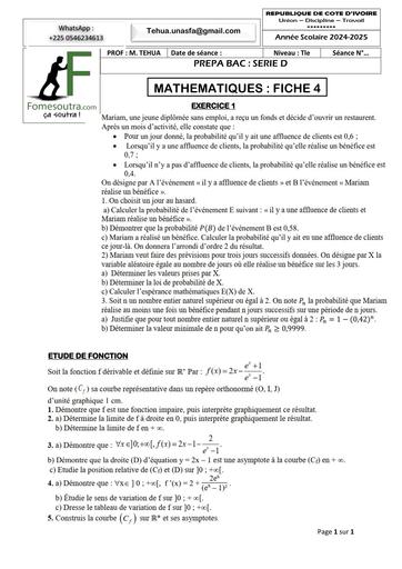 PREPA BAC 2025 SERIE D MATHS FICHE 4 BY TEHUA
