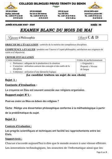 EXAMEN BLANC INTERNE  PHILO Tle C et D MAI 2026 BY TEHUA