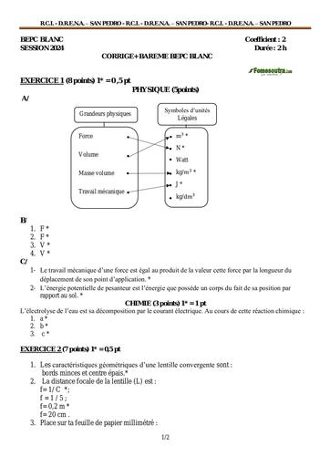 Corrigé et bareme SUJET 1 BEPC PHYSIQUE CHIMIE 2024 dren san pedro by Tehua