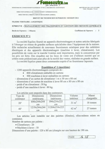 Sujet Management des Transports et Gestion des Moyens Généraux - BTS Logistique 2013