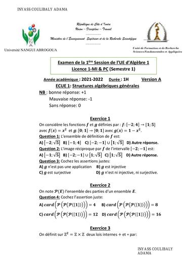Sujet d'Algèbre 1 Version A (2021 2022) UNA-SFA By inyass