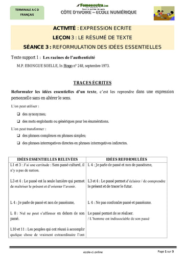 REFORMULATION DES IDÉES ESSENTIELLES