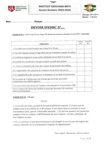 DEVOIR D’EDHC N°1 6ième 5ième INSTITUT GIOVANNI BIFFI Octobre 2025 by TEHUA