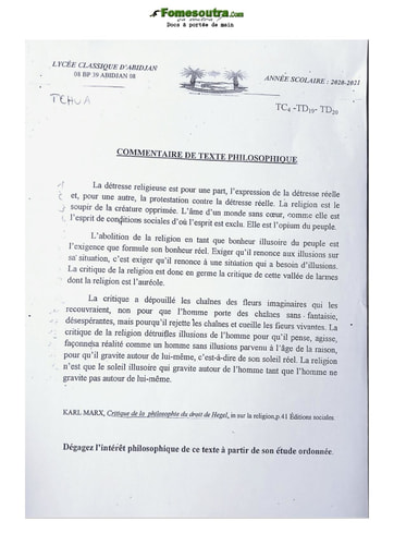 Sujet de Philosophie commentaire de texte Terminale C et D Lycée classique Abidjan 2020-2021