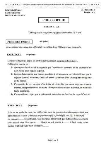 SUJET DE PHILO BAC BLAN 2026 SERIE A