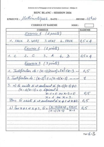 BEPC blanc 2026 Maths barème Drena Abidjan 4 By Tehua