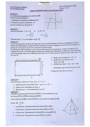 Sujet de Mathématiques Seconde C Lycée Classique Abidjan 2022