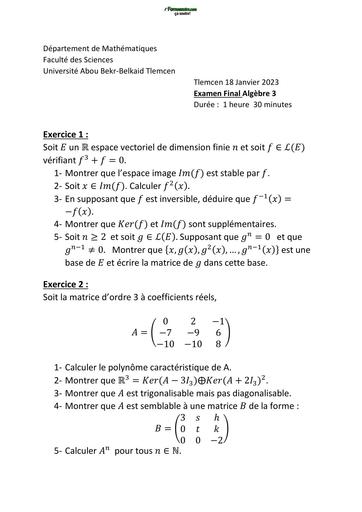 Examen Finale Corrigé Algèbre 3 PDF 2023 by TEHUA