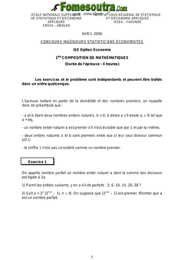 Sujet 1ère épreuve de maths ISE option économie 2006 (ENSEA - ISSEA)