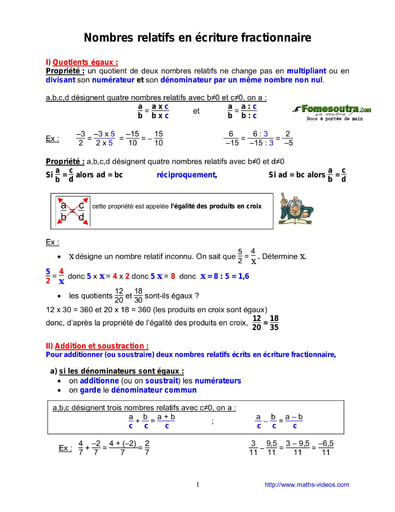 Nombres relatifs en écriture fractionnaire - Cours maths niveau 4eme