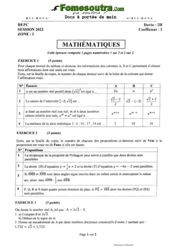 Sujet, correction et barème de Maths BEPC 2022 (zone 1,2 et 3) by M Tehua