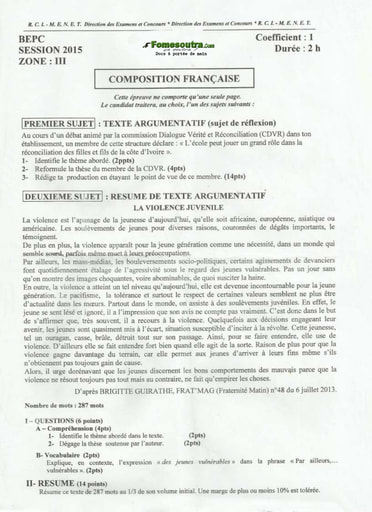 Sujet de Composition française BEPC 2015 zone 3