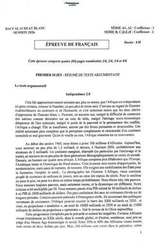 BAC BLANC 2026 DRENA YAMOUSSOUKRO SUJET Français SERIE ABCDEH (SUJET) by TEHUA