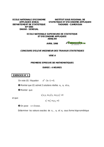 Sujet 1ère épreuve de maths ITS A 1998 (ENSEA - ENSAE - ISSEA)