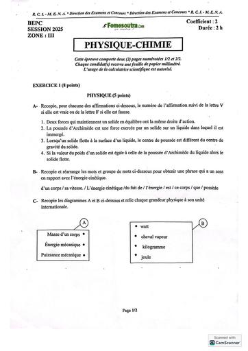 BEPC session 2025 Zone 3 sujet de Physique Chimie Côte d'Ivoire by TEHUA