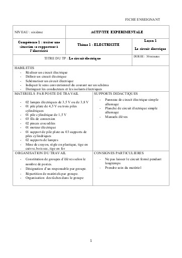 FICHE 1 LE CIRCUIT ELECTRIQUE  SPOdocx