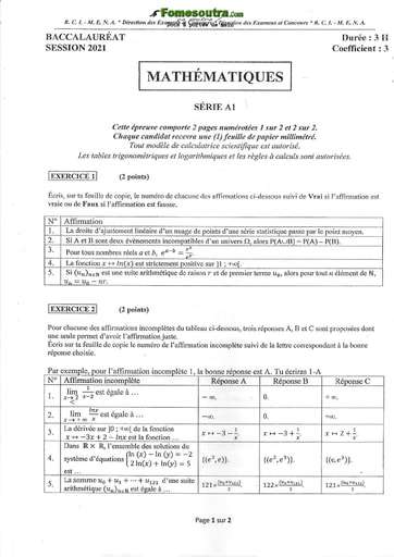 Sujet corrigé et barème de Maths BAC A1 2021