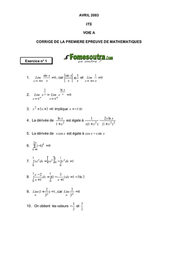 Corrigé 1ère épreuve de maths ITS A 2003 (ENSEA - ENSAE - ISSEA)