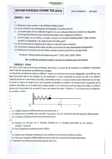 Sujet Physiques-Chimie Lycée Classique Abidjan 2023