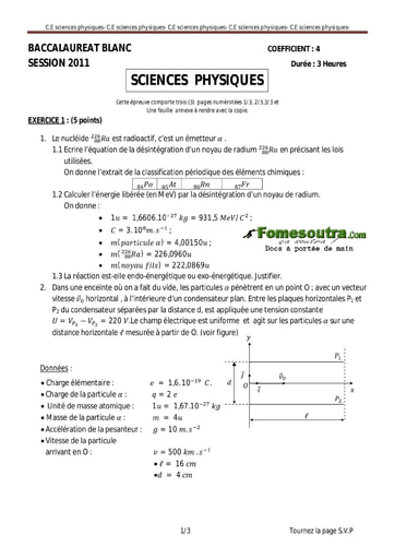 Sujet de Physique-Chimie BAC blanc Avril 2011 série C et E EMPT Bingerville