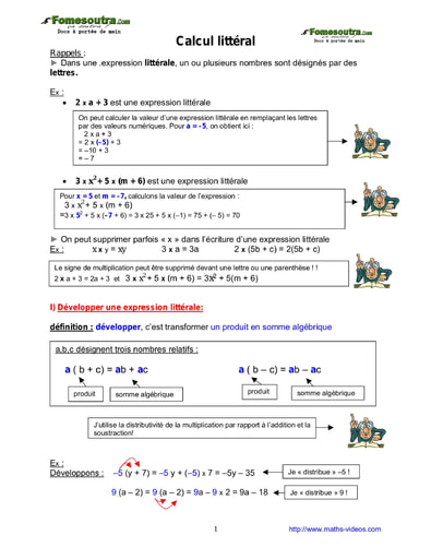 Calcul littéral - Cours maths niveau 4eme