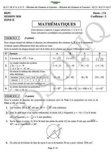 BEPC 2026 MATHS ZONE II SUJET BY TEHUA