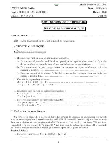 DEVOIR DE MATHS 6ième N°1 COMPO Trimestre 1 LYCEE DE SAPAGA by TEHUA