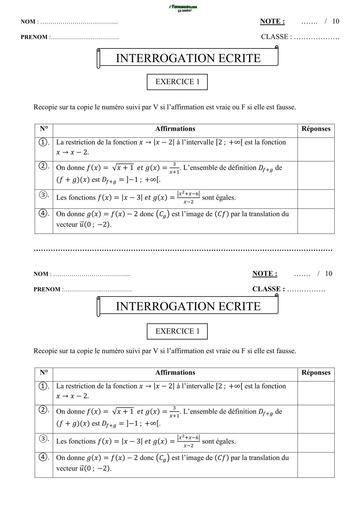 Interrogation écrite Maths niveau 1ère D (généralité sur les fonctions ) by Tehua