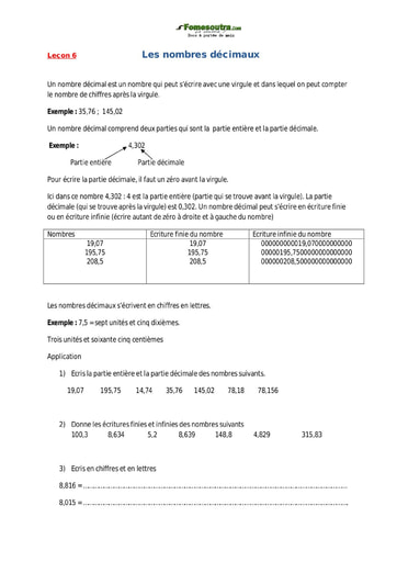Les nombres décimaux - Cours de maths CM1
