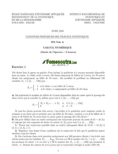 Sujet de Calcul numérique ITS A 2004 (ENSEA - ENSAE - ISSEA)