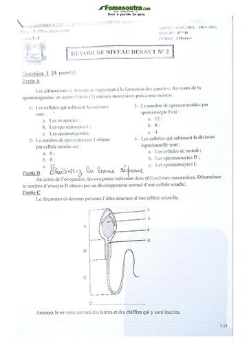 Sujet de SVT niveau Première D Lycée Classique Abidjan 2022