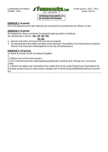 Interrogation 1 de Chimie niveau Terminale D