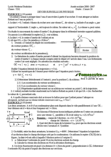 Devoir 19 Physique-Chimie niveau Terminale D Lycée Moderne Dimbokro