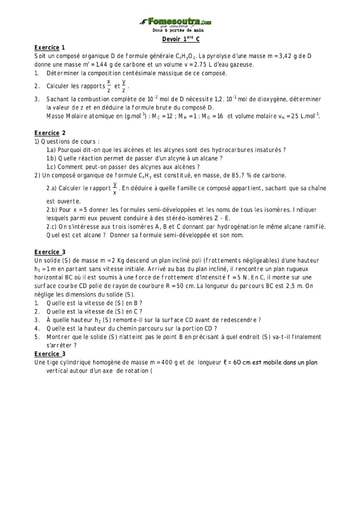 Devoir (8) de Physique-chimie 1ère C EMPT Bingerville