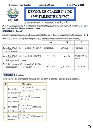 DEVOIR DE CLASSE N°1 DU TRIMESTRE 3 ( 1ère C) by Tehua