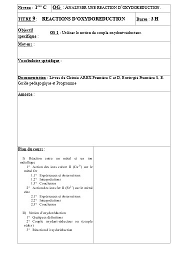FICHE DE COURS PC 1ière C  REACTIONS D’OXYDOREDUCTION by TEHUA
