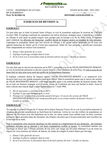 Exercices de révision d'Histoire et Géographie niveau 3eme - Lycée Dominique Ouattara Korhogo