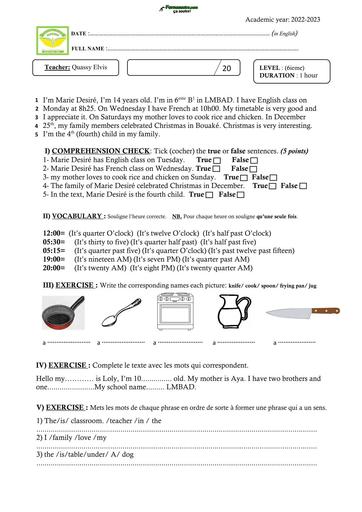 DEVOIR ANGLAIS N°3 NIVEAU 6ième ANNEE 2023 MARIE DESIRE BY TEHUA
