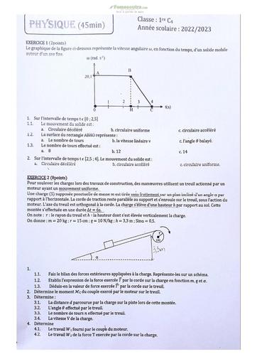 Sujet de Physique-Chimie Première C Lycée Classique Abidjan 2022-2023