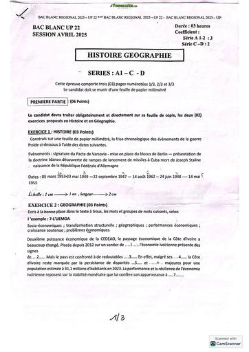 Bac blanc régional 2025 dren Abidjan 4 SAINTE FOI ABOBO HISTOIRE GEOGRAPHIE SERIE A1&CD SUJET BY TEHUA
