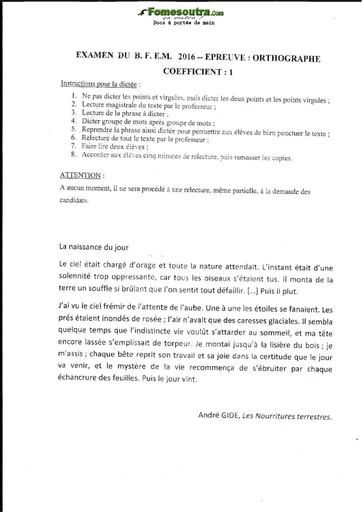 Sujet de dictée BEPC - Sénégal