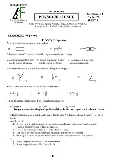 PREPA BEPC 2025 PC FICHE 8 BY TEHUA