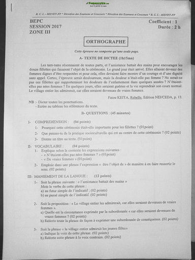 Sujet corrigé et barème d'Orthographe BEPC 2017 zone 3