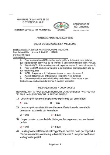 INFAS Evaluation de sémiologie médicale 2 BY TEHUA
