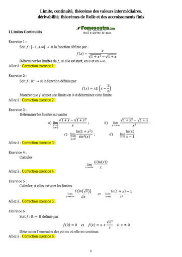 Sujets corrigés Limite, continuité, dérivabilité - Maths sup