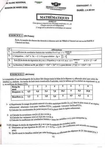 BAC blanc MARS 2026 MATHS SERIE G1 SUJET Drena By TEHUA